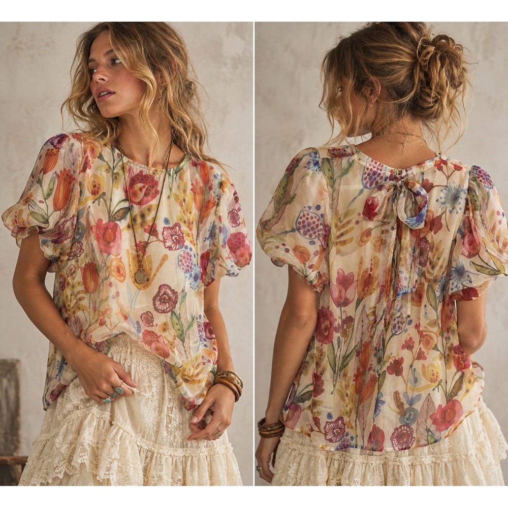 Umgee Floral Sheer Blouse Women Small Watercolor Print Puff Sleeve Bow Back Boho